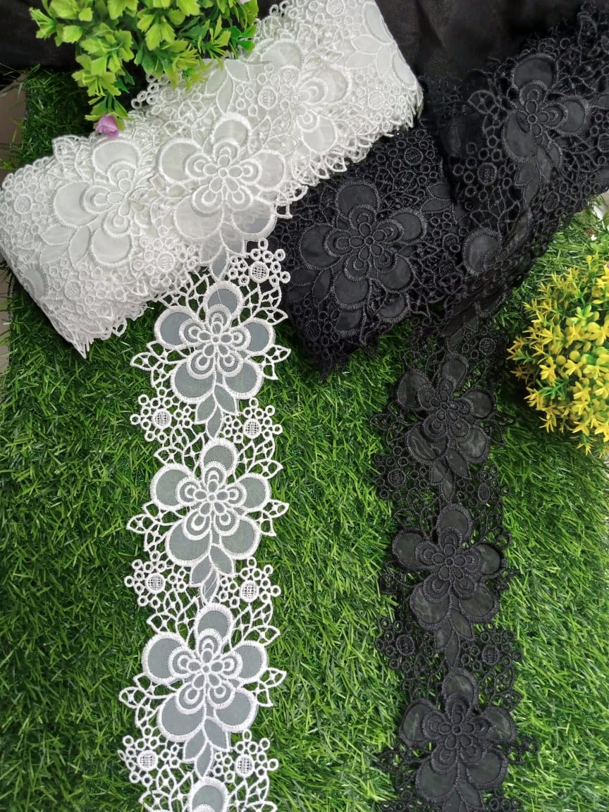 Floral Embroidered Lace Trim – Black & White