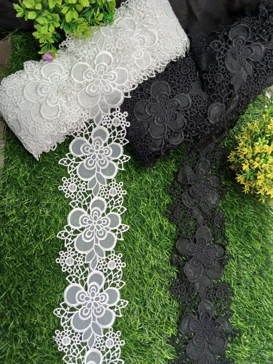 Floral Embroidered Lace Trim – Black & White